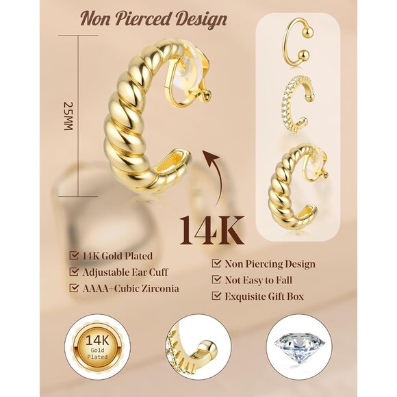 Croissant Gold Plated Non Pierced Adjustable Fake Ear Cuff Earrings for Women - Picture 2 of 7